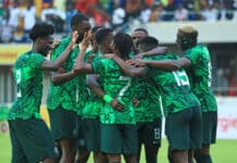 Super Eagles players celebrating a goal