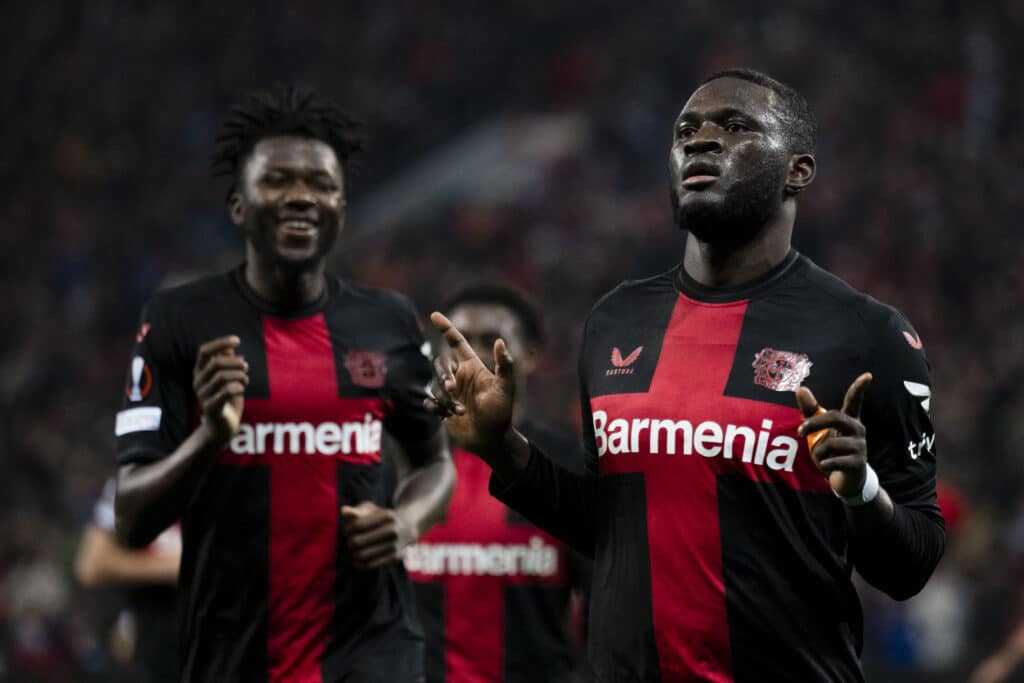 Leverkusen's goal scorer Victor Boniface celebrating