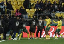 Banyana Banyana players celebrate scoring against Italy